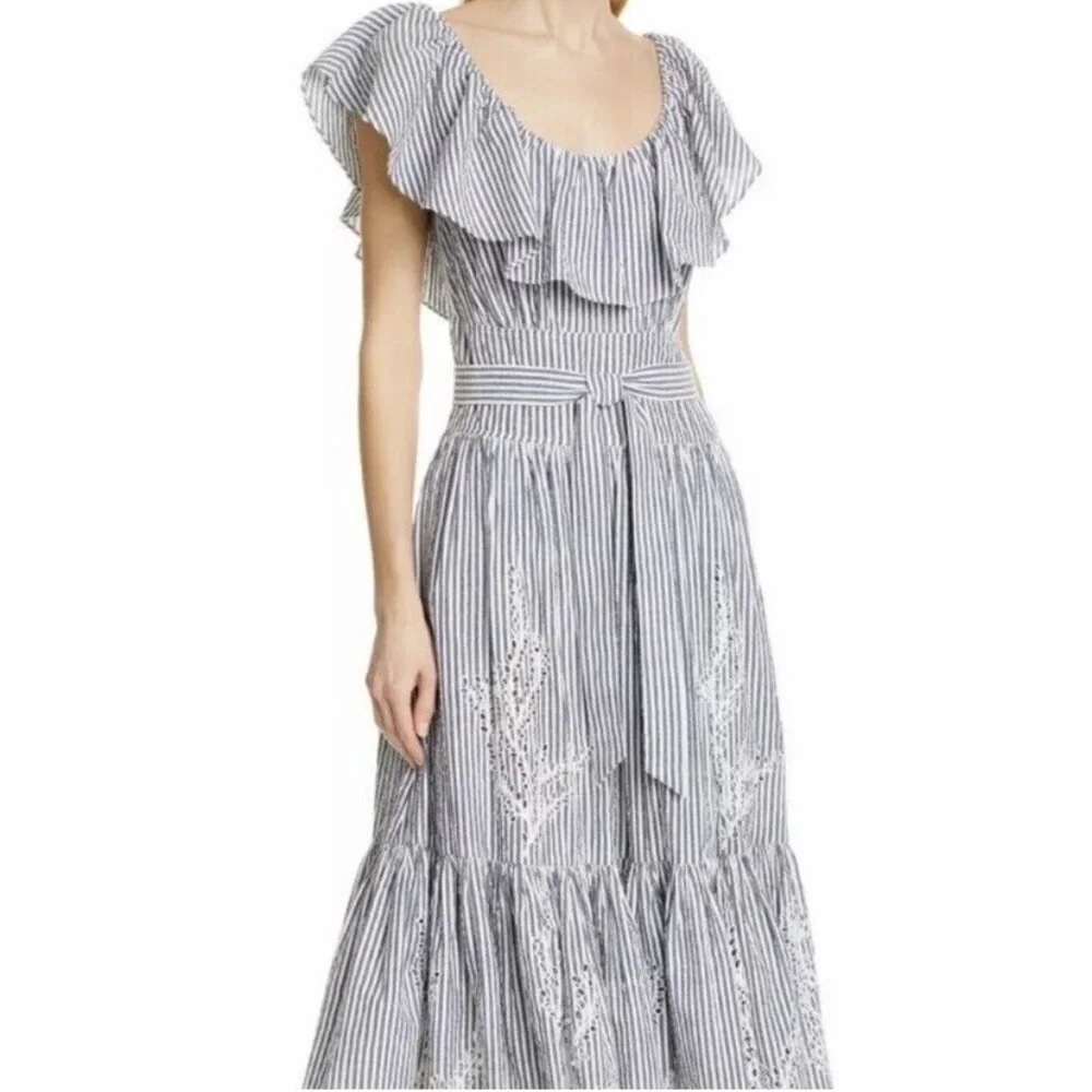 NWT Tory Burch Eyelet Embroidered Seersucker Midi On Off Shoulder Ruffle Dress 4 - Picture 2 of 11